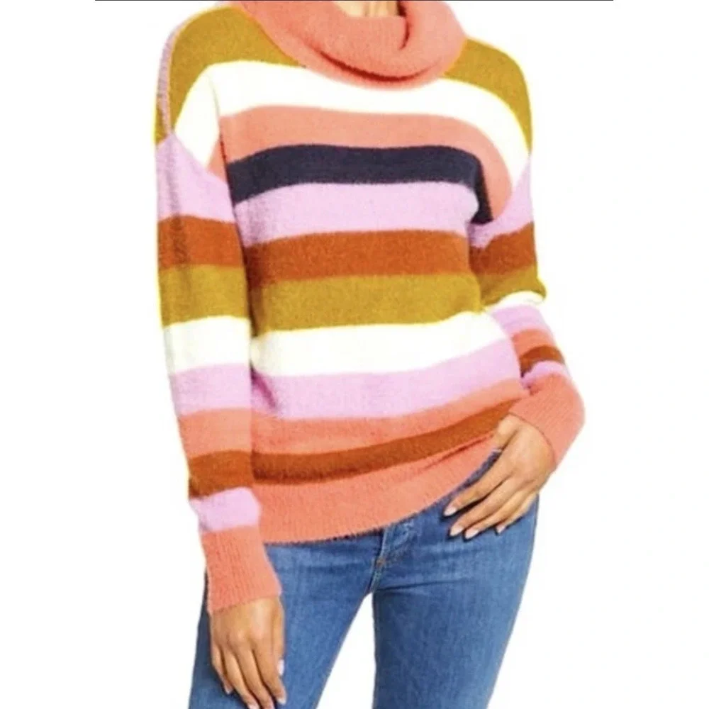 Caslon Chenille Multi Color Rainbow Striped Cowl Neck Sweater Sz S Acadamia NWT‎